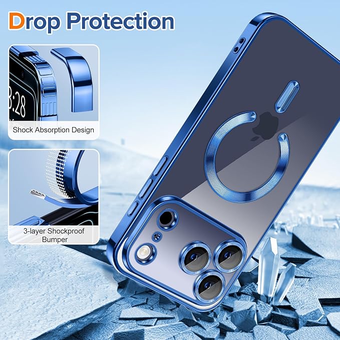 Hython Magnetic Clear for iPhone 17 Pro Max Case with Camera Lens Protector [Compatible with MagSafe] Plating Edge Slim Soft TPU Cover Protective Phone Case for iPhone 17 Pro Max 6.9", Deep Blue