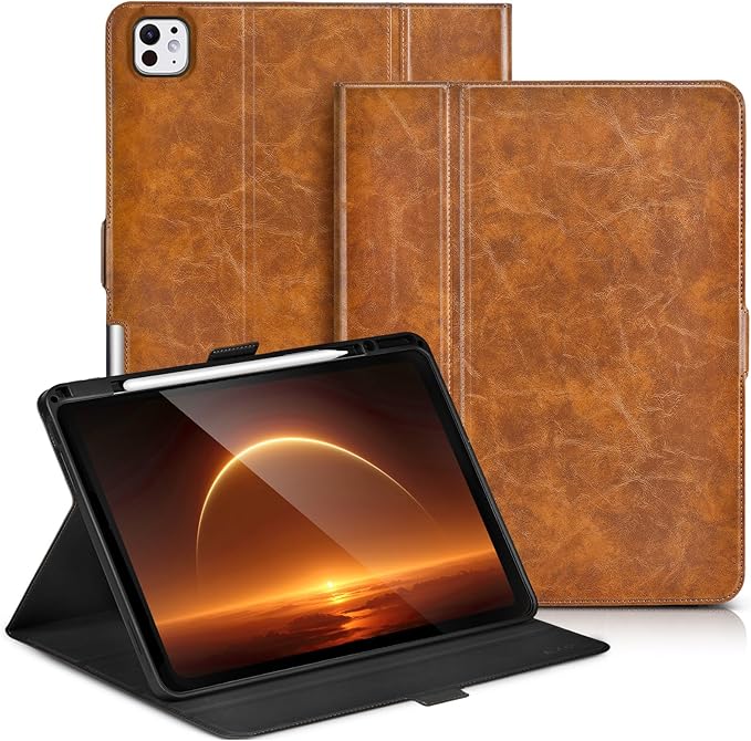 Slim Case for iPad Pro 13 Inch M5/M4 (2025/2024) A3360/A3361/A2925/A2926 with Pencil Holder,Lightweight Cover,Magnetic Closure,Multi Angle Stand,Typing Angle,Auto Sleep/Wake,Brown