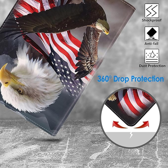 WEUIUJKILO Case for iPad (A16) 11th Generation 11 Inch 2025, iPad 10th Generation 10.9 Inch 2022, Slim PU Leather Folding Stand Smart Cover with Auto Sleep/Wake, Patriotic American Flag Bald Eagle