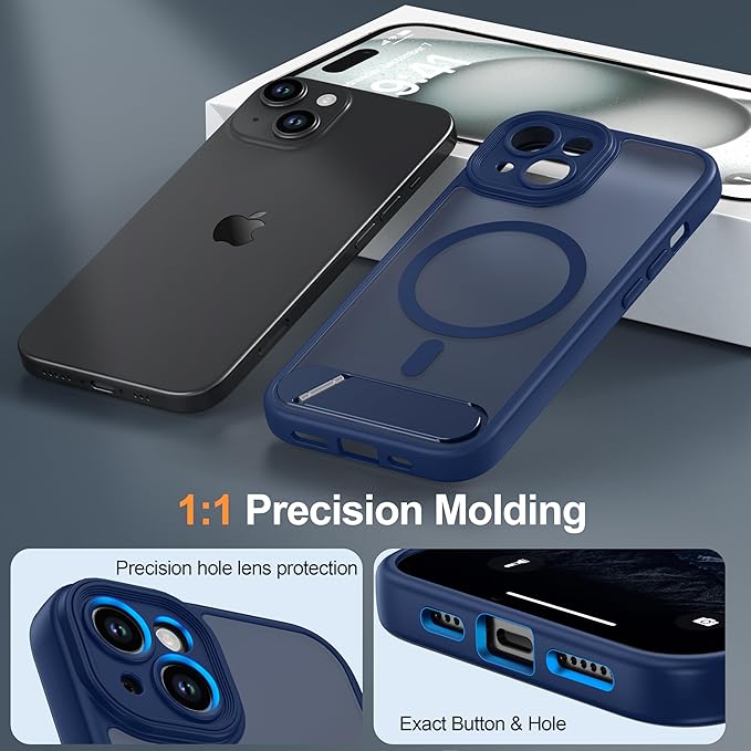 Magnetic Compatible with iPhone 15 Case, [Built-in Invisible Kickstand][Compatible with MagSafe][Full Camera Protection] Translucent Matte Phone Case for iPhone 15 6.1",Blue