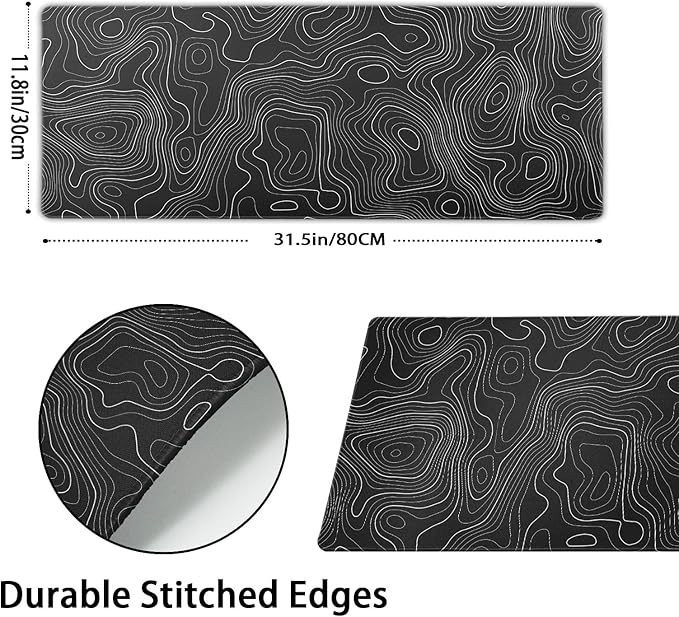 Topographic Map Large Mouse Pad XL Black Lines Contour Geographic Extended Large Desk Mat Big Desk Pad 80X30 CM Non-Slip Rubber Base Stitched Edge Long Mousepad,31.5×11.8 Inch