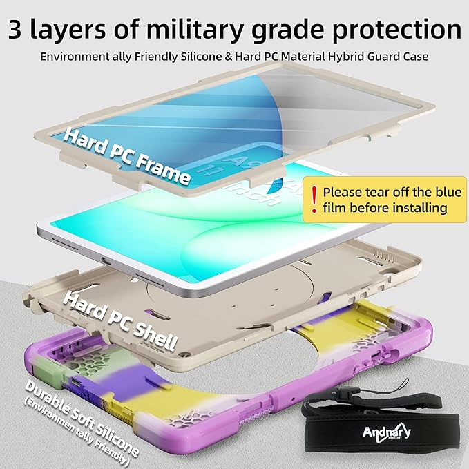 Andnary Case for Samsung Galaxy Tab A11+ Plus/A9+ 11 Inch 2025/2023, Tablet Case for Samsung Galaxy A9 Plus/A11+ with Screen Protector/360° Rotating Stand/Pen Holder/Shoulder Strap (Colorful Purple)