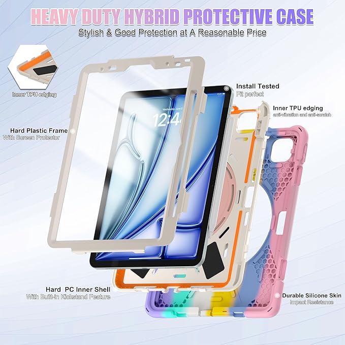 TSQQST Case for iPad Air 11 Inch M4 2026/M3 2025/M2 2024, Cover for iPad Air 5th 4th Generation 10.9"/Pro 11 4th/3rd/2nd/1st Heavy Duty Shockproof Case w/Screen Protector+Handle Grip+Strap, Rainbow