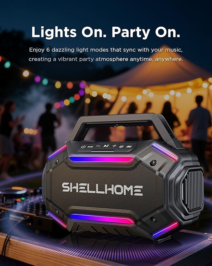 ShellHome Bluetooth 6.0 Speakers Outdoor, 80W(Peak) Loud Speaker with Bass, 30H Playtime, IPX6 Waterproof, RGB Lights, BassUp 2.0, TWS, Portable Large Jobsite Speakers for Party, Garage