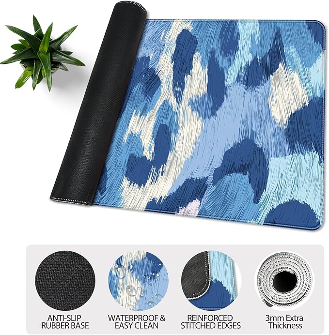 35.4 x 15.7 in, XXL Large Mouse Pad for Desk, Extended Keyboard Mouse Mat for Computer Office, Big Mouse pad with Stitched Edges, Gaming Pc-Leopard Print Light Blue and Navy