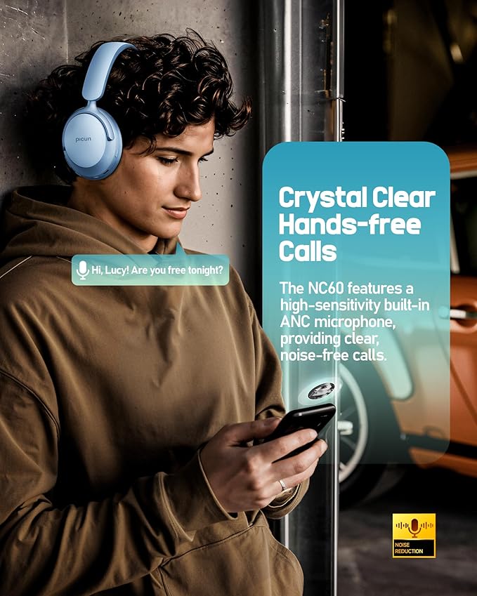 Picun NC60 Hybrid Active Noise Cancelling Headphones, Foldable Wireless Over Ear Bluetooth 5.4 Headphones, 80H Playtime, Transparency Mode, Stereo Bass, Custom EQ via App for Travel Home Lake Blue