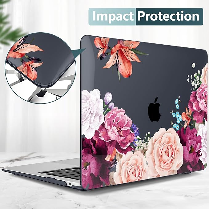 TWOLSKOO Matte Hard Shell Case Keyboard Cover Screen Protector Trackpad Protector for MacBook Air 13 inch Retina 2021 2020 2019 2018 Release Model: A2337 M1/A2179/A1932, Black Peony