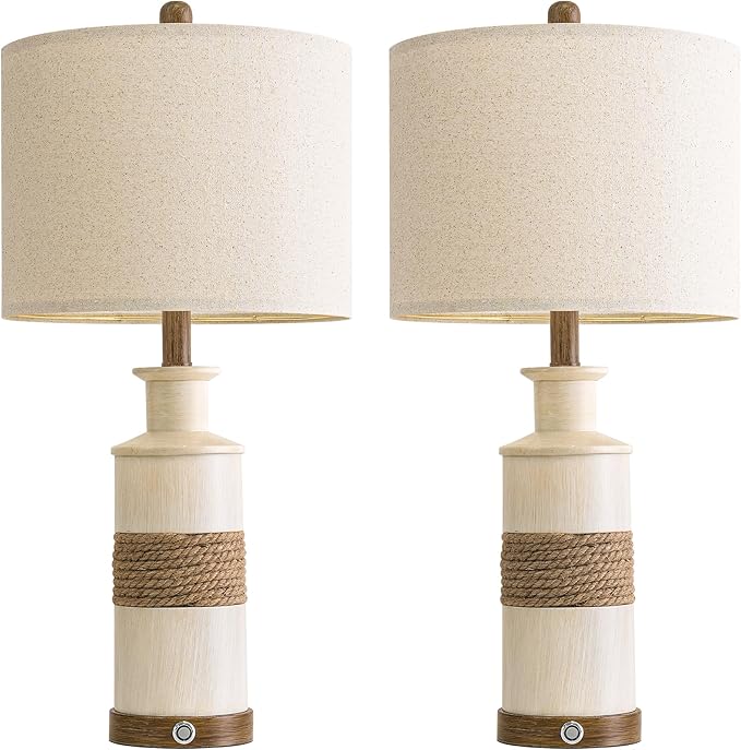 BOBOMOMO 24.5" Farmhouse Boho Table Lamps Set of 2, Hand-Woven Rattan Bedside Lamps with 3-Way Dimmable Touch Control & USB A+C Ports, Nightstand Lamp for Bedroom, Living Room, Corner (Bulbs Included)