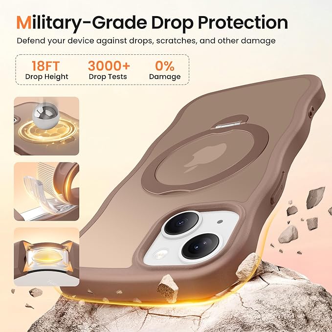 CAPRARO for iPhone 13 Case & iPhone 14 Case with 360° Spin Magnetic Stand for Women, [Compatible with MagSafe] [Camera Protection] Cute Wave Translucent Matte Case for iPhone 13/14, Brown