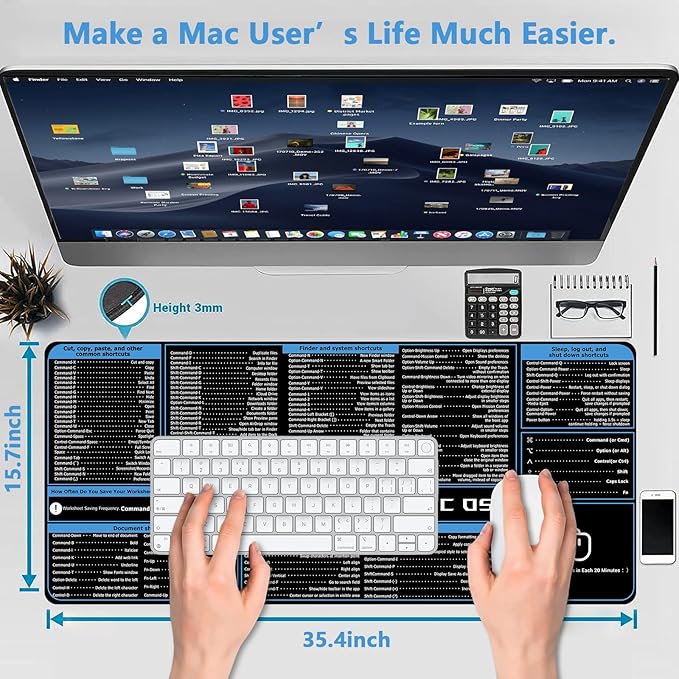 ProbTis Keyboard Shortcut Mouse Pad Compatible with MacOS, Computer Shortcut Cheat Sheet Mousepad, Stitched Edges, Non-Slip Base Keyboard Mats, XXL Large Desk Mat, 35.4”x15.7”, Office Gifts