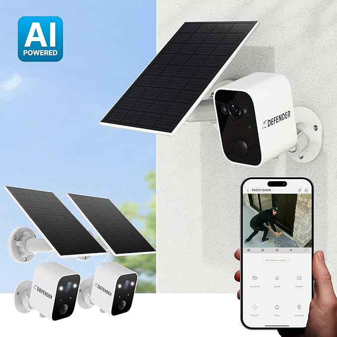 Defender Solar Powered 4K/8MP AI Everwatch Wireless Outdoor Security Camera, 2 Pack, Battery Powered, AI Detection, Color Night Vision, Spotlight/Siren, IP66 Rated, Two-Way Talk, Works w/Empower App
