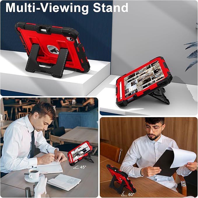 Kids Friendly Case for Apple iPad mini 7 A17 Pro 2024/iPad Mini 6 2021 8.3 Inch 7th/6th Gen Case with Pencil Holder & Shoulder Strap, Shockproof Kickstand Hard Shell Protective Cover,Black+Red