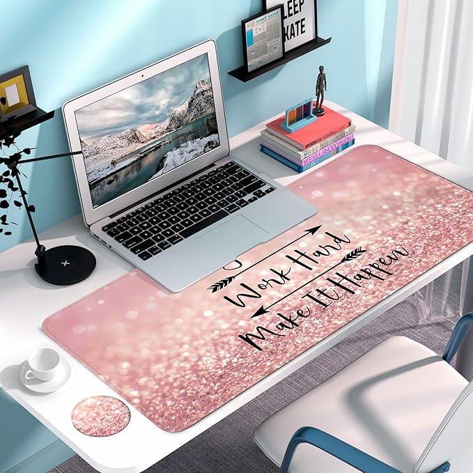 Large Gaming Mouse Pad with Coaster, Desk Matt for Desktop, Desk Pad, Mouse Pads Mat, Stitched Edges Big Extended Mousepad for Computer Keyboard Laptop Office Decor, 31.5'' x15.6''-Pink Words