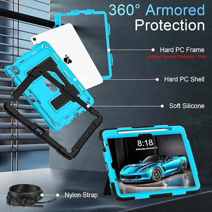 for iPad Air 11 Inch M4/M3/M2 (2026/2025/2024) iPad Air 5th/4th Generation Case 10.9 Inch (2022/2020),Military Grade Shockproof iPad Case Air 11 Inch with Pencil Holder, Black Blue
