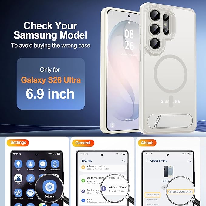 Magnetic for Samsung Galaxy S26 Ultra Case, [Compatible with MagSafe][Full Camera Protection][Built-in Invisible Kickstand] Translucent Matte Phone Case for S26 Ultra 6.9" - White