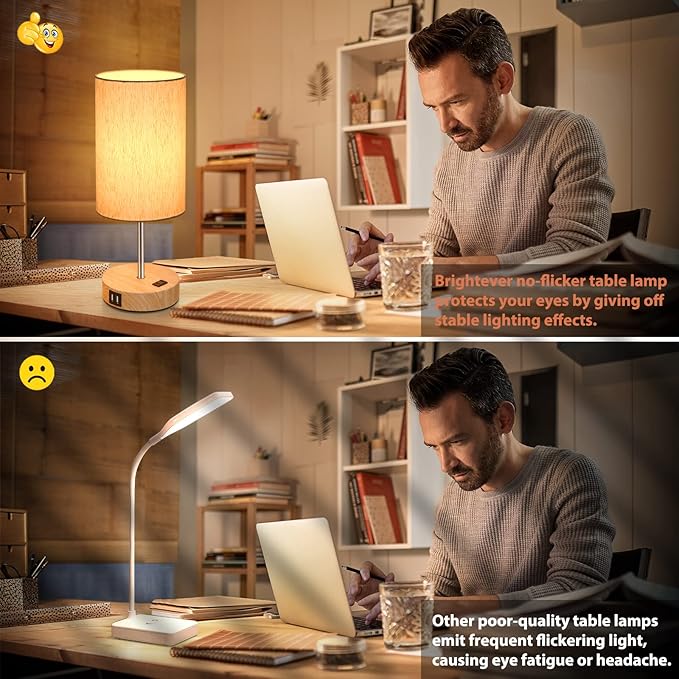 Table Lamps Set of 2 Touch Control, 2 USB Charging Ports&AC Outlet, 3-Way Dimmable Bedside Nightstand Lamp with Flaxen Fabric Shade and Wooden Base for Bedroom, 2-Pack A19 LED Bulbs Included