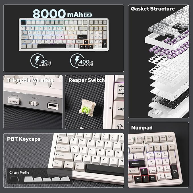 EPOMAKER x Aula F99 Wireless Mechanical Keyboard, Hot Swappable Gasket Custom Gaming Keyboard with Five-Layer Padding, BT/2.4GHz/USB-C, 8000mAh Battery (White Grey, Reaper Switch)