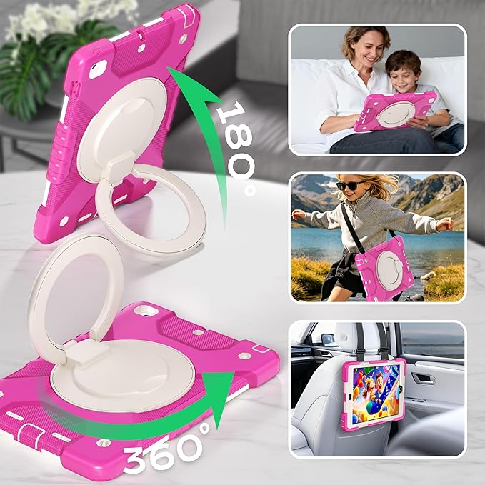 Andnary Case for iPad 6th/5th Generation 9.7 inch 2018/2017 Case, iPad Air 2/Pro 9.7 inch Heavy Duty Protective Cover with 360° Rotate Handle Stand, Pencil Holder, Shoulder Strap (Rose Red+White)