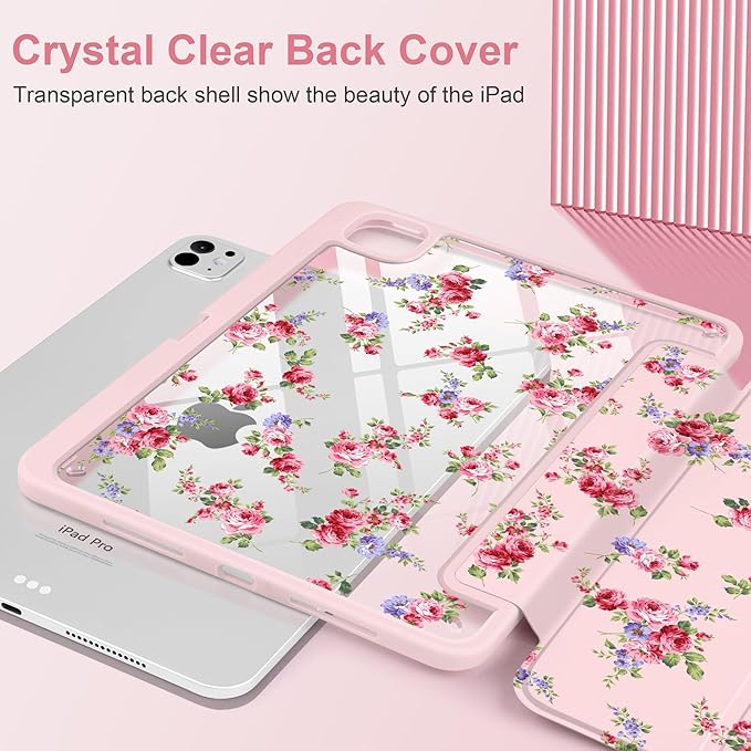 Case for iPad Pro 13 inch (M5) 2025 (M4) 2024 Release Slim Lightweight Cute Light Pink Cover with Clear Back TPU Edge Pencil Holder Trifold Stand, Elegant Rose
