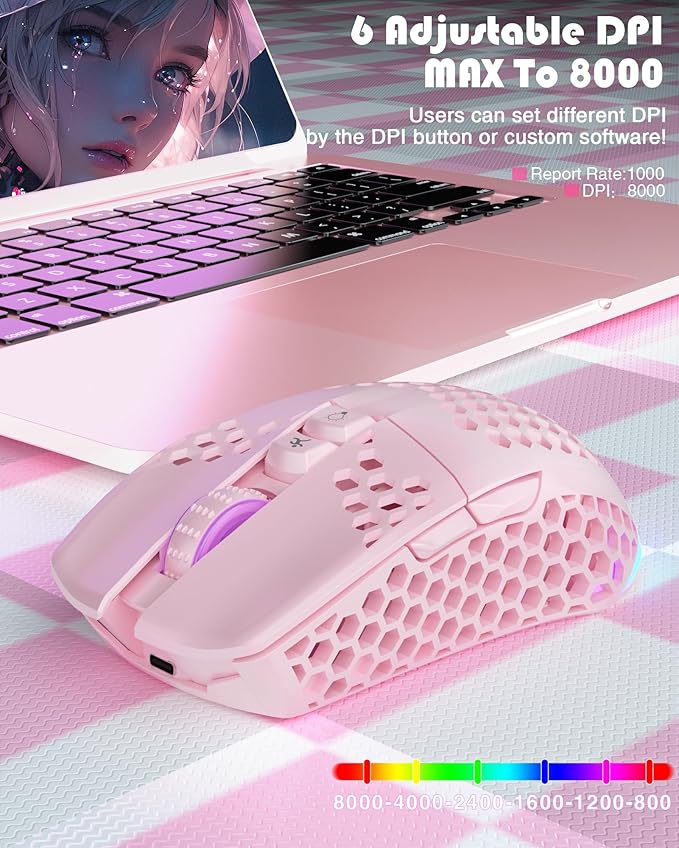 SOLAKAKA SM600 Pink Wireless Gaming Mouse with Honeycomb Shell, Side Buttons,Tri-Modes(BT5.1+BT5.1+2.4GHz) Lightweight RGB Wireless Mouse for PC/Tablet/Desktop/Office/Games