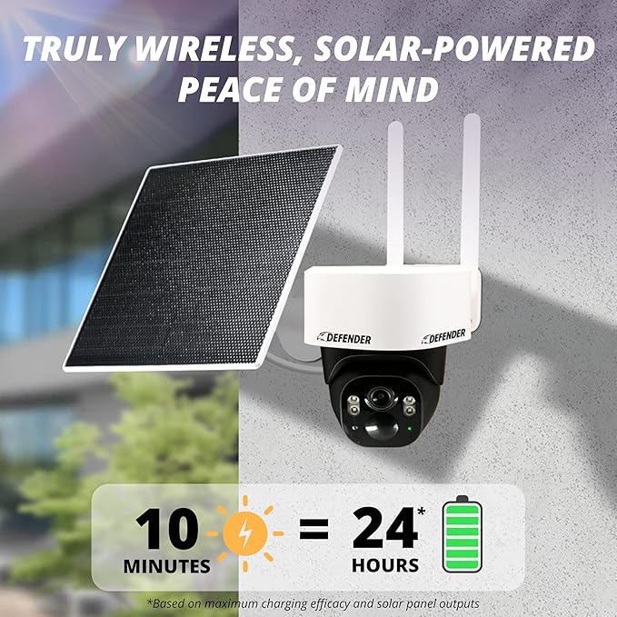 Defender 4G LTE 2K+ AI Frontier PTZ Wireless Outdoor Security Camera, 2 Pack, 5W Solar Panel, 360° AI Tracking, Deterrence, 2 Way Talk, 9400maH Battery, Works with Empower App, eSIM Included