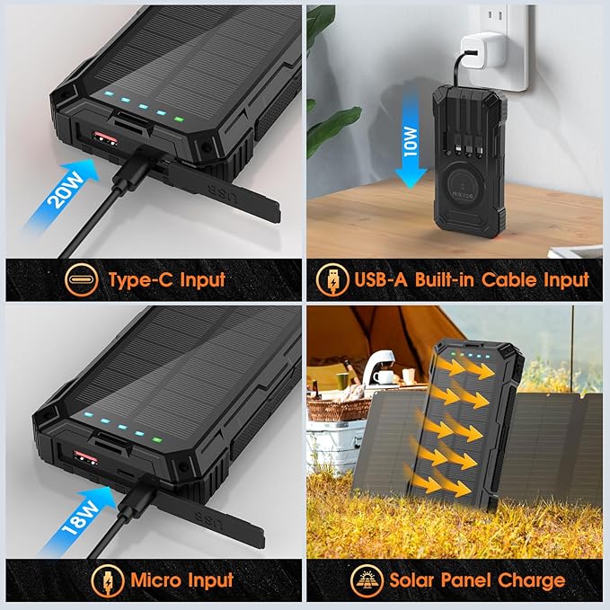Solar Power Bank,49800mAh Wireless Portable Phone Charger with 4 Built-in Cables,22.5W Fast Charging External Battery Pack PD 3.0 USB-C In/Output for iPhone,Android,iPad,Perfect for Camping/Hiking