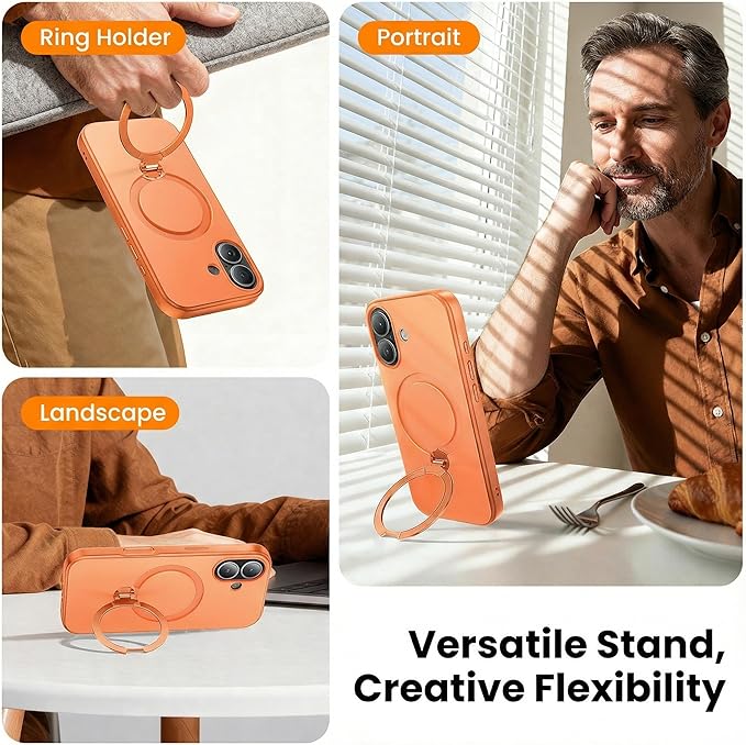 360°Ring Stand for iPhone 17 Case, Compatible with MagSafe, Military-Grade Protective,Anti-Yellowing, Scratch-Resistant Back Cover Phone Case for iPhone 17 6.3", Orange