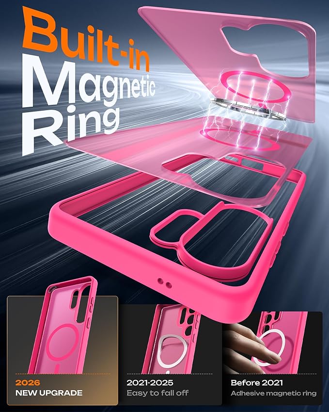 TOCOL for Samsung Galaxy S26 Ultra Case, Built-in Magnetic Ring, Drop Protection, Slim Translucent Matte Phone Case for Galaxy S26 Ultra 6.9 inch (Hot Pink)
