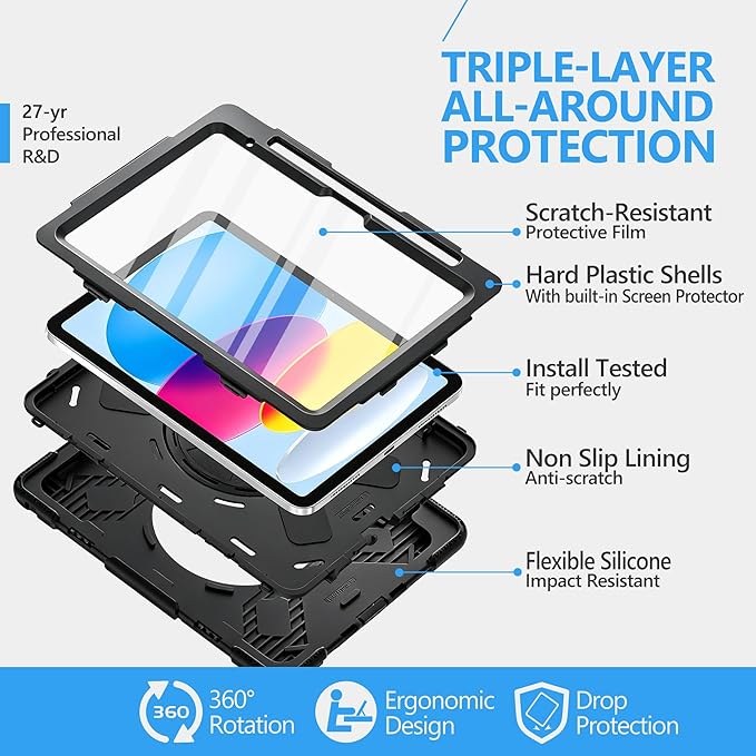 Case for iPad (A16) 11th/10th Generation Case: Protective Cover for iPad 11th Gen 11 Inch 2025 &10th Gen 10.9" 2022 with Screen Protector- Stand- Shoulder Strap- Handle- Pencil Holder