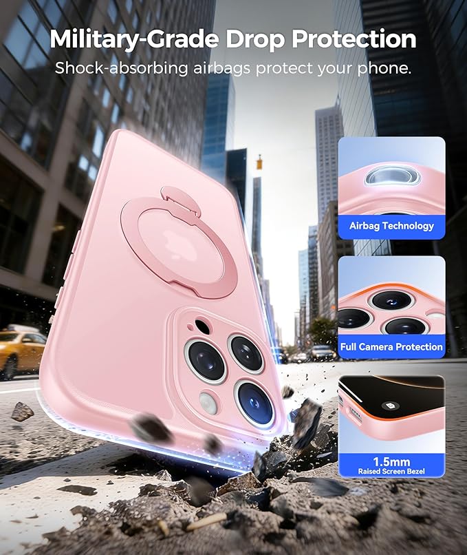 FNTCASE for iPhone 16 Pro-Max Case: [360 Spin Magnetic Stand] [Compatible with Magsafe] [Screen Protector] Translucent Matte Military Grade Shockproof Full Camera Protective Phone Cover - Pink