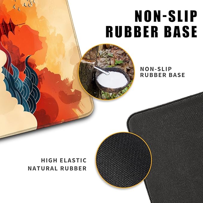 Desk Mat Red and Gold Blue Wave Decor Large Keyboard Sun Mouse Pad for Laptop Pc Setup Desk Cover Protector Desk Décor for Office Home Work Gaming 31.5" X 11.8" Stitched Edge Non-Slip Design