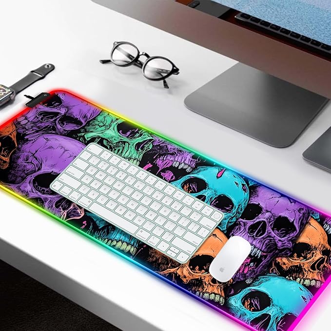 RGB Scary Skull Gaming Desk Mat, Computer Keyboard Large Extended Cool Multi-Color Skull LED Mouse Pad for Office and Home, 31.5×11.8 Inches, XL