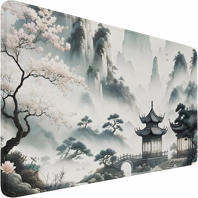Large Gaming Mouse Pad, 31.5x15.7 inch Large Extended Computer Keyboard Mouse Mat, Water Resist Non-Slip Mousepad Rubber Base Long XXL Mouse Pad for Work & Gaming, Office & Home, Sakura Ancient City