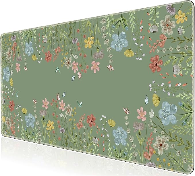 L-SPOUTTO Green Desk Mat for Keyboard and Mouse,XXL Large Mouse Pad Non-Slip Keyboard Pad Waterproof Desktop Mat for Laptop Computer Work Game Home Office-Green Floral