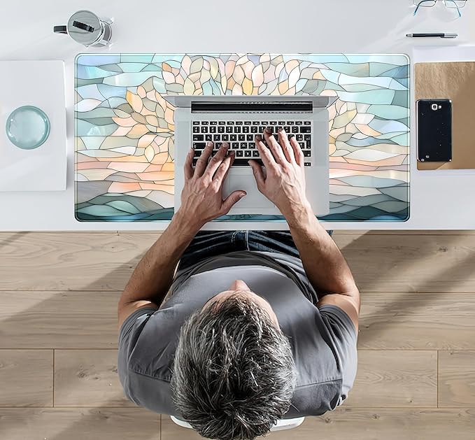 Desk Mat Cute Tree of Life Mouse Pad Gaming XXL Large Extended Desk Matt for Desktop, Faux Stained Glass Pastel Desk Pad, Laptop Computer Keyboard Mouse Mat, Office Decor Deskamt, 31.5x15.75 in