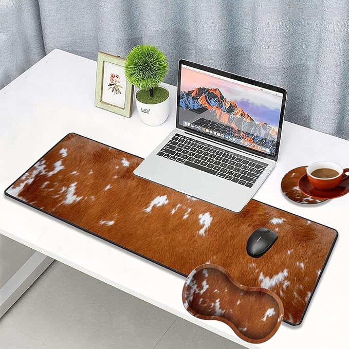 3 Piece Mouse Pad Set with Stitched Edge Large Anti-Slip Mouse Pad Desk Pad Keyboard Pad + Wrist Rest Pad + Coaster, Memory Foam Wrist Rest for Office/Home, Cowhide Leopard Brown Cow