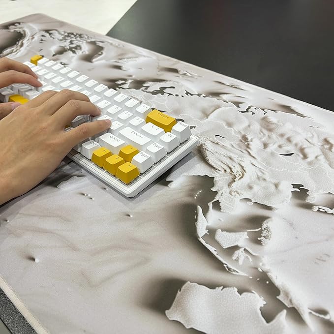 White Marble World Map Desk Pad – Large Mouse Mat for Keyboard and Mouse, Topographic Non-Slip Surface for Desktop