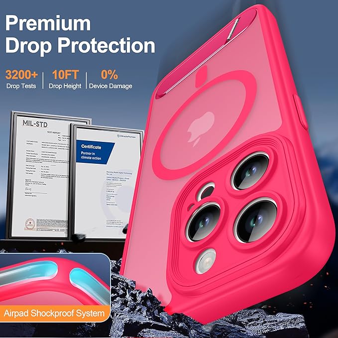 Magnetic Compatible with iPhone 15 Pro Case, [Built-in Kickstand][Full Camera Protection][Compatible with MagSafe][Anti-Fingerprint] Shockproof Phone Case for iPhone 15 Pro 6.1",Hot Pink