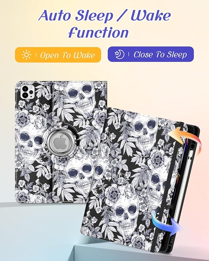 Kidcube for iPad Pro 13 Inch Case M4 2024 - Women Girl Cute Rotating Stand Folio Cover with Pencil Holder & Card Slot Flower Goth Skull Unique Design for iPad Pro 13 Inch Case 2024 (A2925 A2926 A3007)