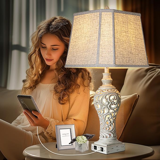LuxSight Collection 32" Tall Table Lamps Set of 2 - Bedside Lamp with Fabric Shades - for Bedroom and Living Room with USB and Nightlight - Perfect for Nightstands and Bedrooms - Bulbs Included