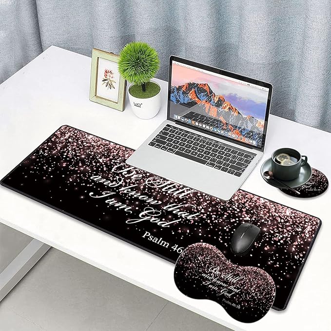 3 Piece Mouse Pad Set with Stitched Edge Large Anti-Slip Mouse Pad Desk Pad Keyboard Pad + Wrist Rest Pad + Coaster, Memory Foam Wrist Rest for Office/Home - Rose Gold Glitter Black Psalm46:10