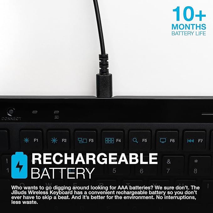 JLab JBuds Wireless Keyboard, Black, 95 Keys, Connect Via Bluetooth or USB Wireless Dongle, Multi-Device Toggle, Soft Touch Keys, Smart Media Knob, Custom User Profiles, Rechargeable (1 Pack)