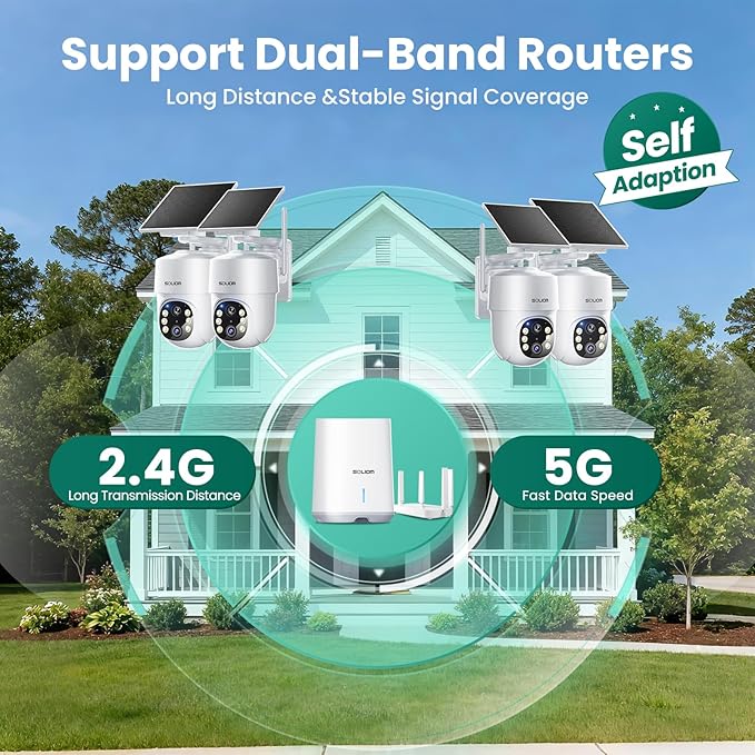 SOLIOM- 5MP Security Cameras Wireless Outdoor, No Subscription & Solar Powered,4-Cam Pack Cameras for Home Security with 360° Auto Motion Tracking, 3K Color Night Vision,5G & 2.4G Router Compatible