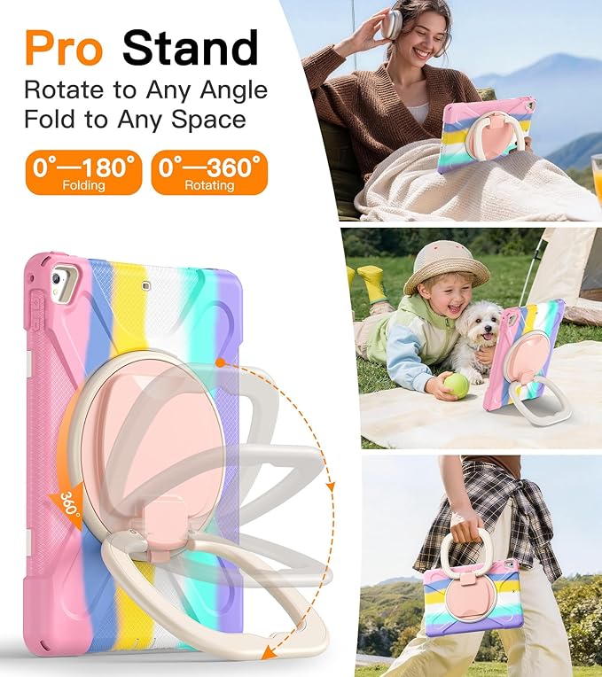 BATYUE Case for iPad 6th Generation 9.7 inch 2018, iPad 5th Gen 2017, iPad Air 2/ iPad Pro 9.7'',Shockproof Protective Cover with Pencil Holder &Rotating Bracket &Shoulder Strap (Colourful Pink)