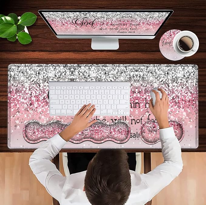 Desk Pad, Large Gaming Mouse Pad Extended Thick Writing Pads, Ergonomic Keyboard Wrist Rest with Non-Slip Rubber Base Office Desk Mat 31.5"×11.8", Psalm 46-5 Verse Pink Sparkles Glitter Mousepad
