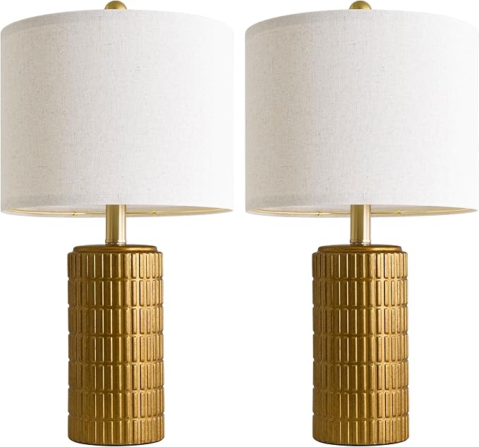 PoKat 20.75" Brass Gold Ceramic Table Lamps Set of 2 for Living Room, Small Retro Bedside Lamps for Bedroom, Nightstand Lamps for Home Decor, Vintage Bronze Decorative Lamp Sideboard Side Table Gifts