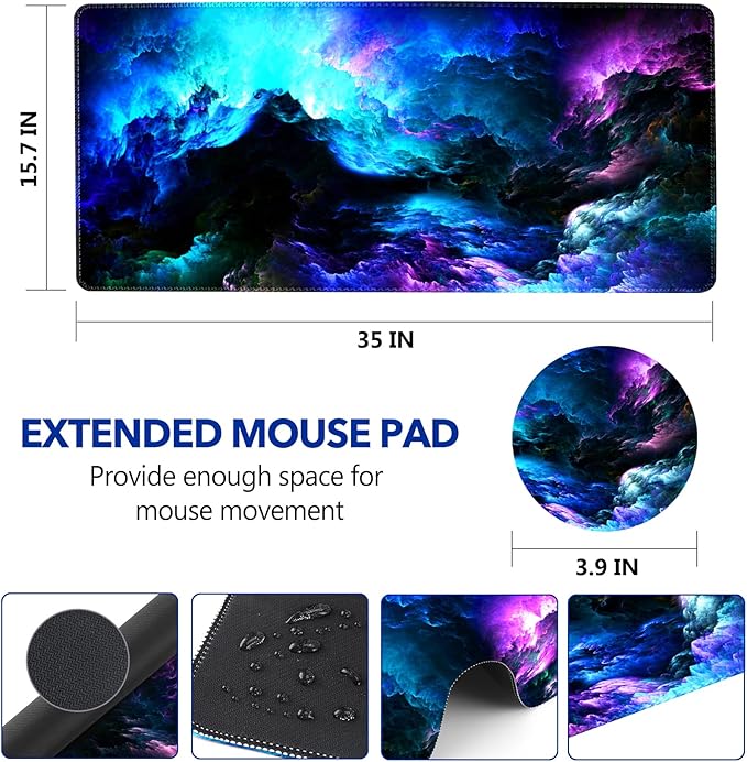 AIMSA Extended Gaming Mouse Pad Desk Mat, Large Mousepad with Stitched Edges (35x15.7 in), Keyboard Mouse Mat Stable Rubber Base Desk Pad for Work, Game - Gorgeous Nebula Galaxy