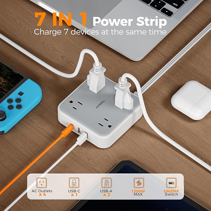 TESSAN Surge Protector Flat Extension Cord 25Ft, Flat Plug Power Strip with 4 Outlets 3 USB Ports (1 USB C), 900 Joules Protection, Multiple Wall Outlet Extender Suitable for Home Office Dorm, Grey