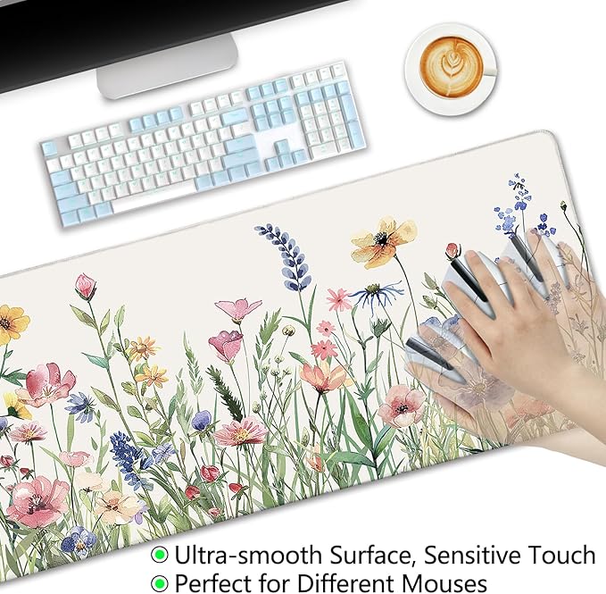 LIMKRIAN Flower Mouse Pad Large Desk Mat Pad, XL Computer Mousepad with Stitched Edges Non-Slip, Keyboard Mouse Pad for Desktop Laptop Work Home Cute Office Supplies Desk Accessories 31.5x11.8 in