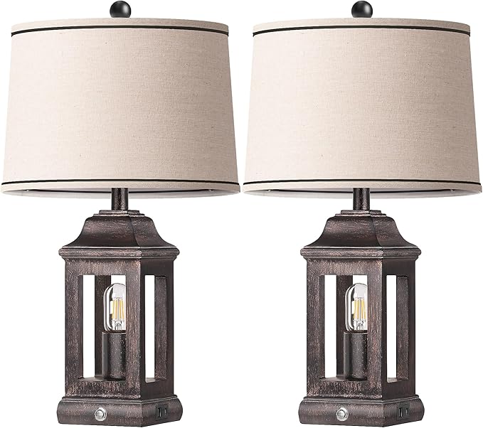 24" Rustic Farmhouse Table Lamps for Living Room Set of 2, Touch Dimmable Nightlight Vintage Bedside Lamps with USB A+C Ports & Dual Light Sources for Bedroom Nightstand End Table, Antique Black